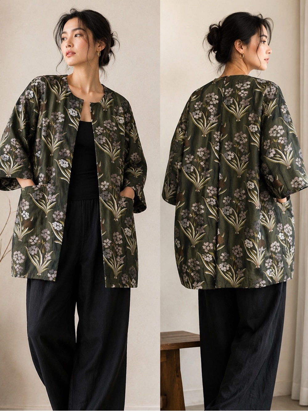 H&M Jacquard Floral Cocoon Open Front Jacket Coat Size 4